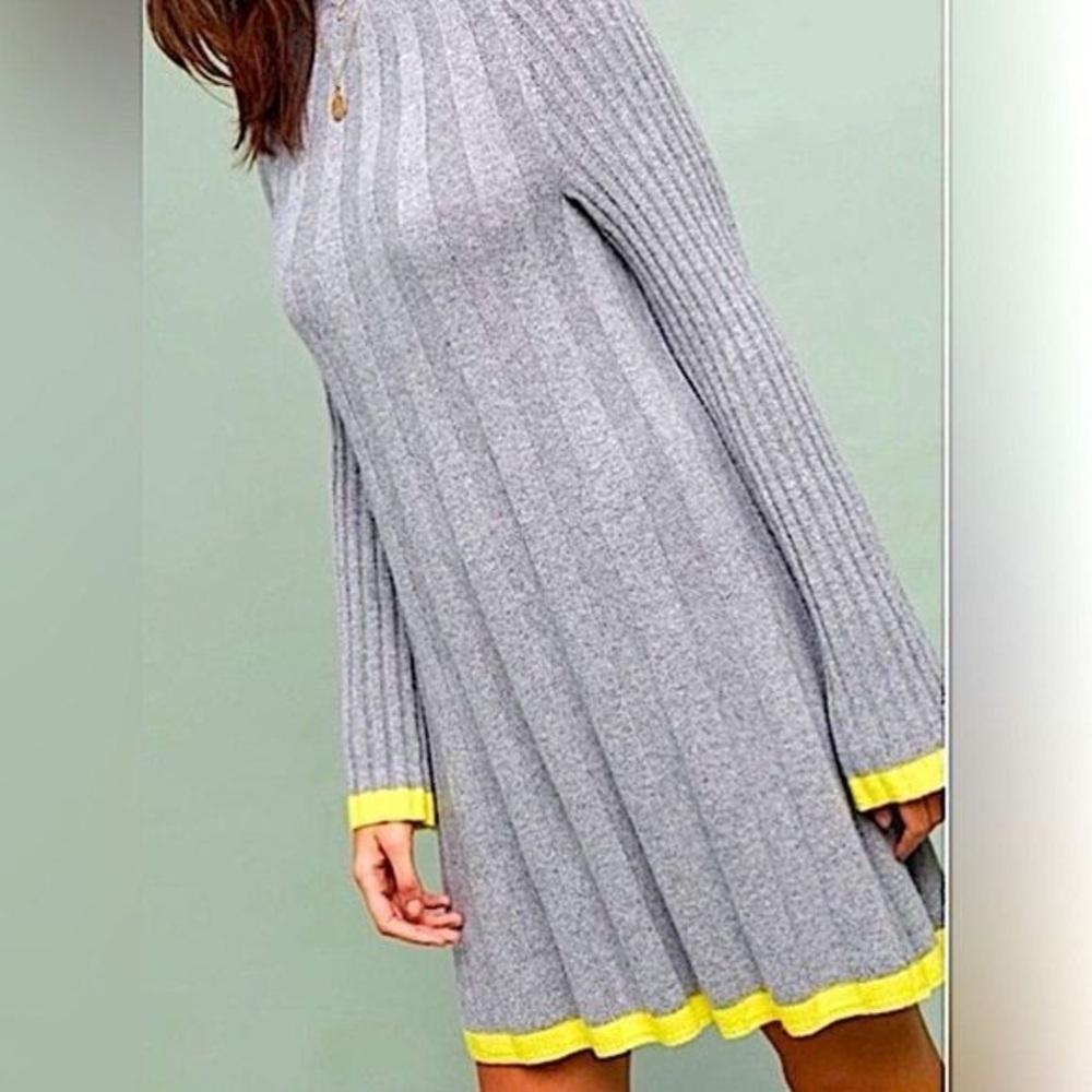 Anthropologie Arsenau Sweater Dress Gray Yellow Ribbed Knit Wool Alpaca Size XS